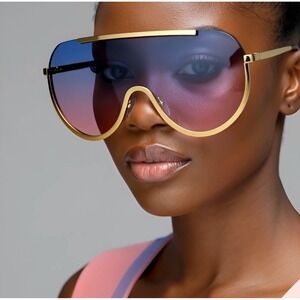 Oversized Shield Sunglasses Blue-Pink Gradient Lens Gold‎ Frame Designer Style